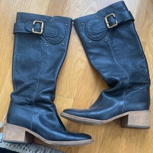 Chloe Black Leather Mid-Calf Buckle Heeled Boots